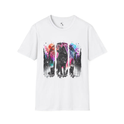 White t-shirt with a colorful wolf graphic on a white background