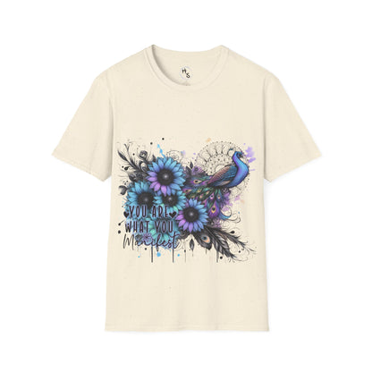 Beige t-shirt with a colorful peacock and floral design on a beige background