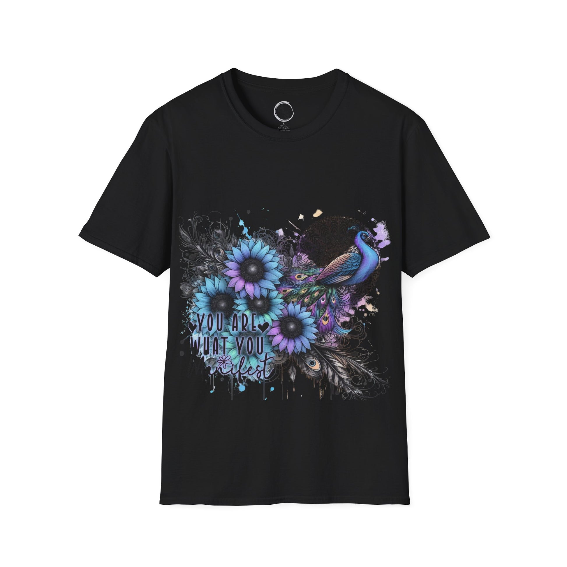 Black t-shirt with a colorful peacock and floral design on a white background