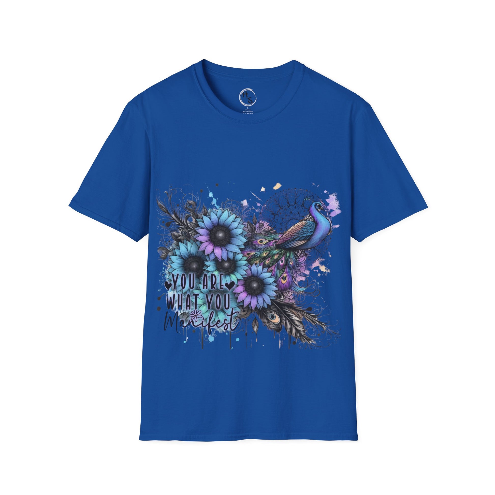 Blue t-shirt with floral and peacock design on a blue background