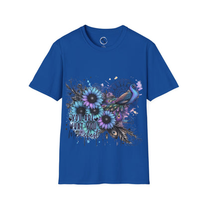 Blue t-shirt with floral and peacock design on a blue background