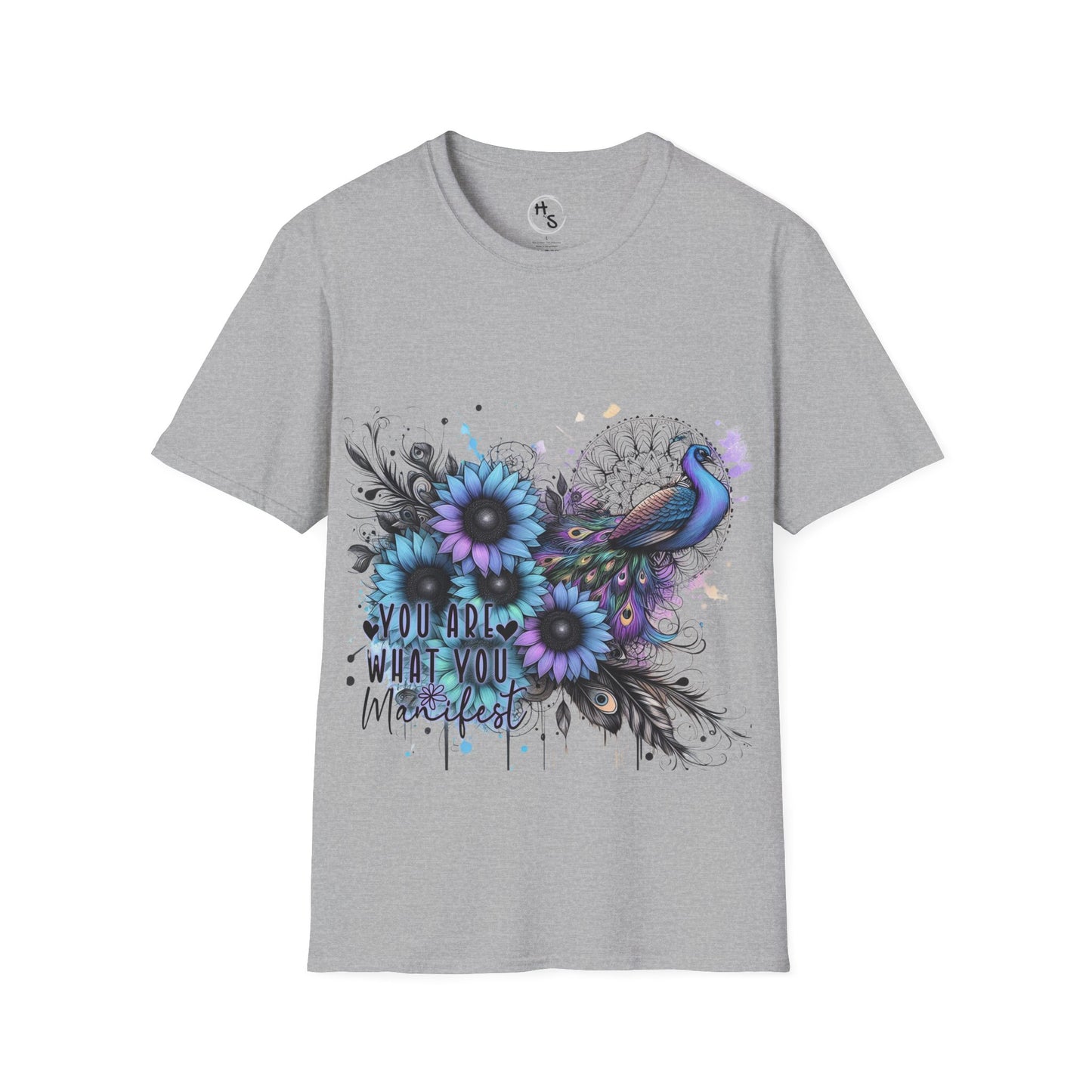 Gray t-shirt with floral and peacock design on a white background