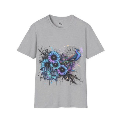 Gray t-shirt with floral and peacock design on a white background
