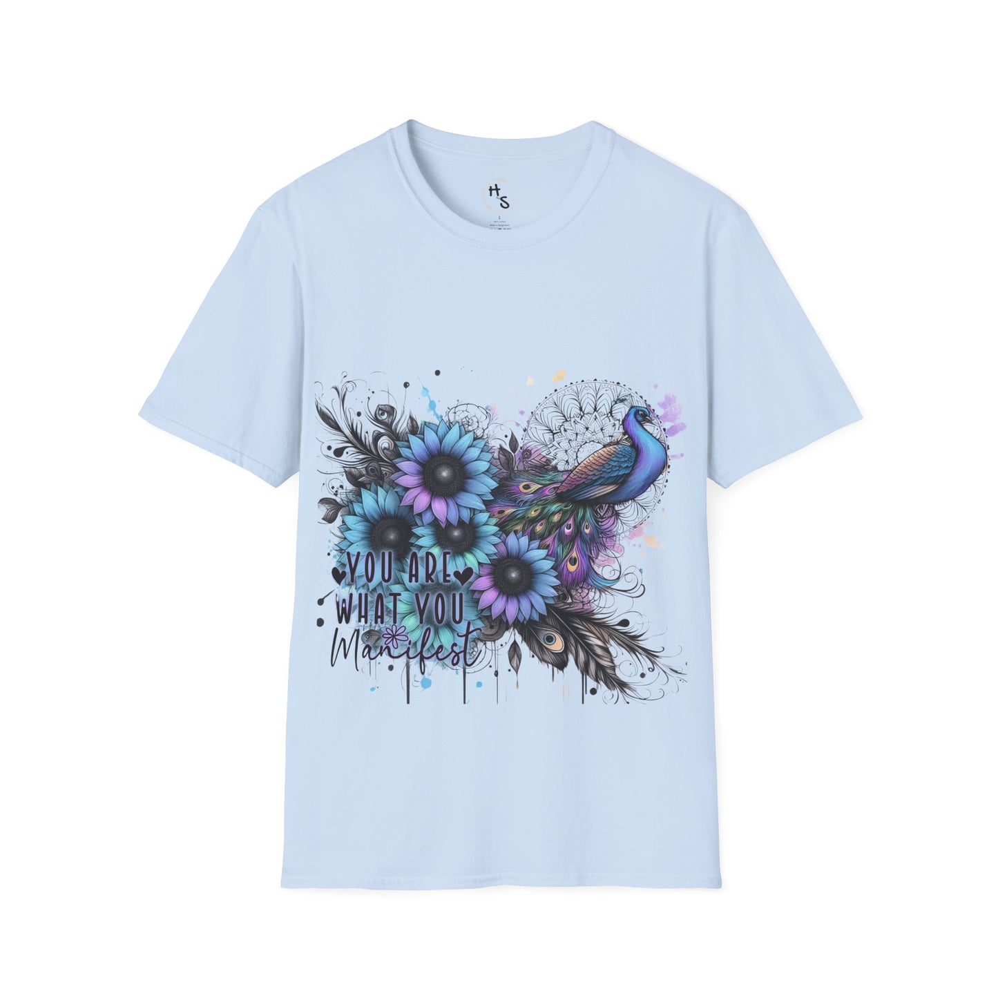 Light blue t-shirt with floral and peacock design on a light bue background
