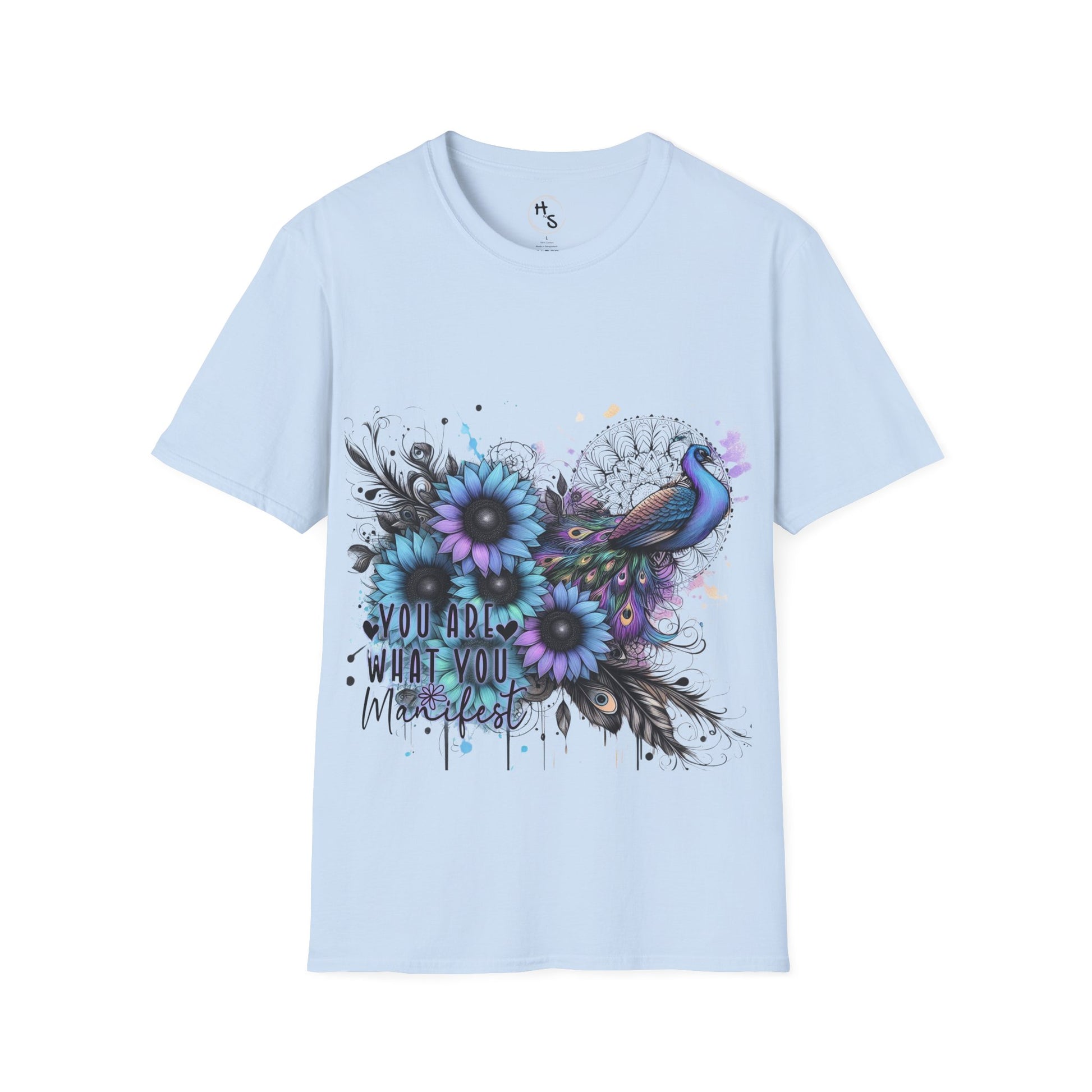 Light blue t-shirt with floral and peacock design on a light bue background