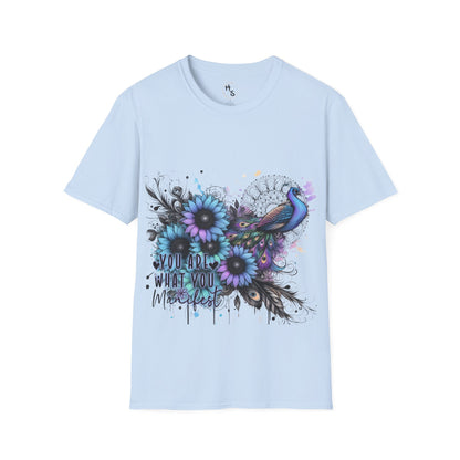 Light blue t-shirt with floral and peacock design on a light bue background