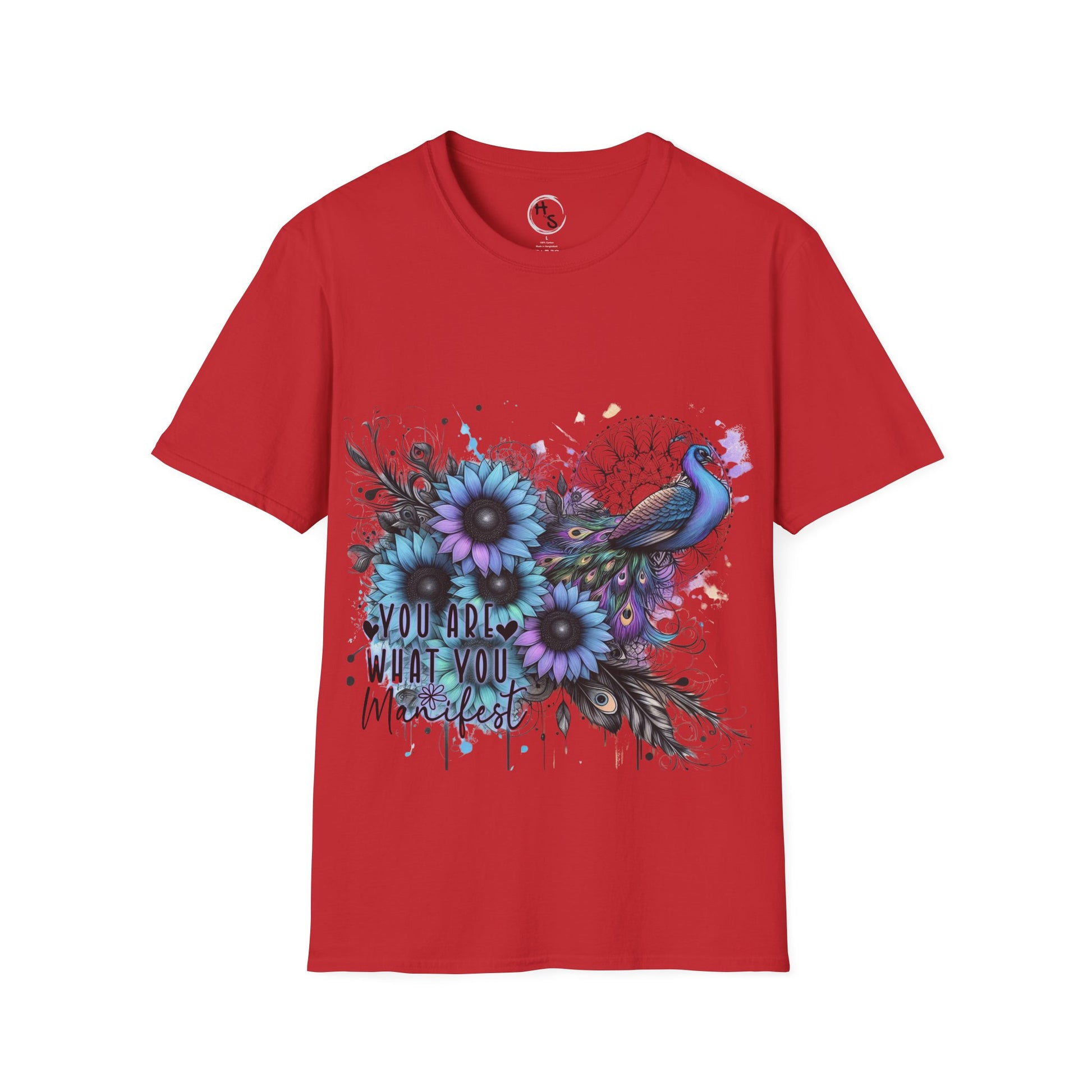 Red t-shirt with a colorful peacock and floral design on a red background