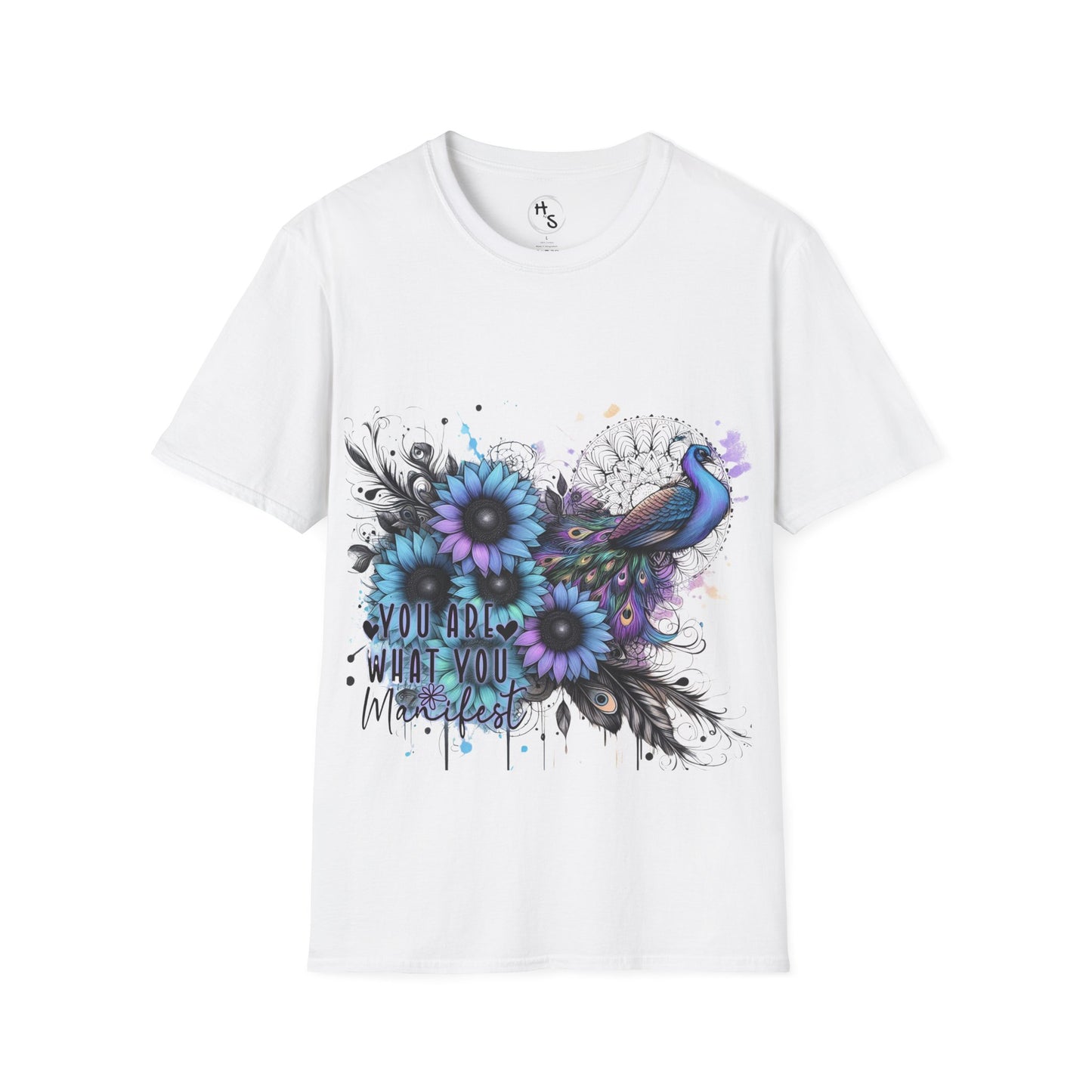 White t-shirt with floral and peacock design on a white background