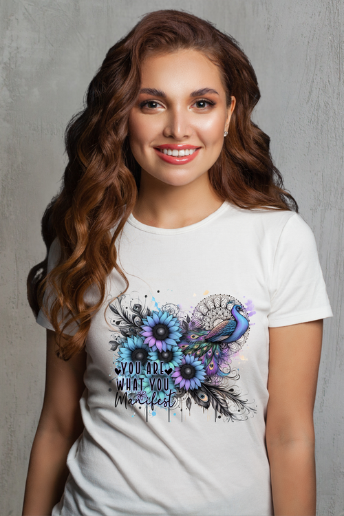 Woman wearing a white t-shirt with a colorful floral design and text against a white background