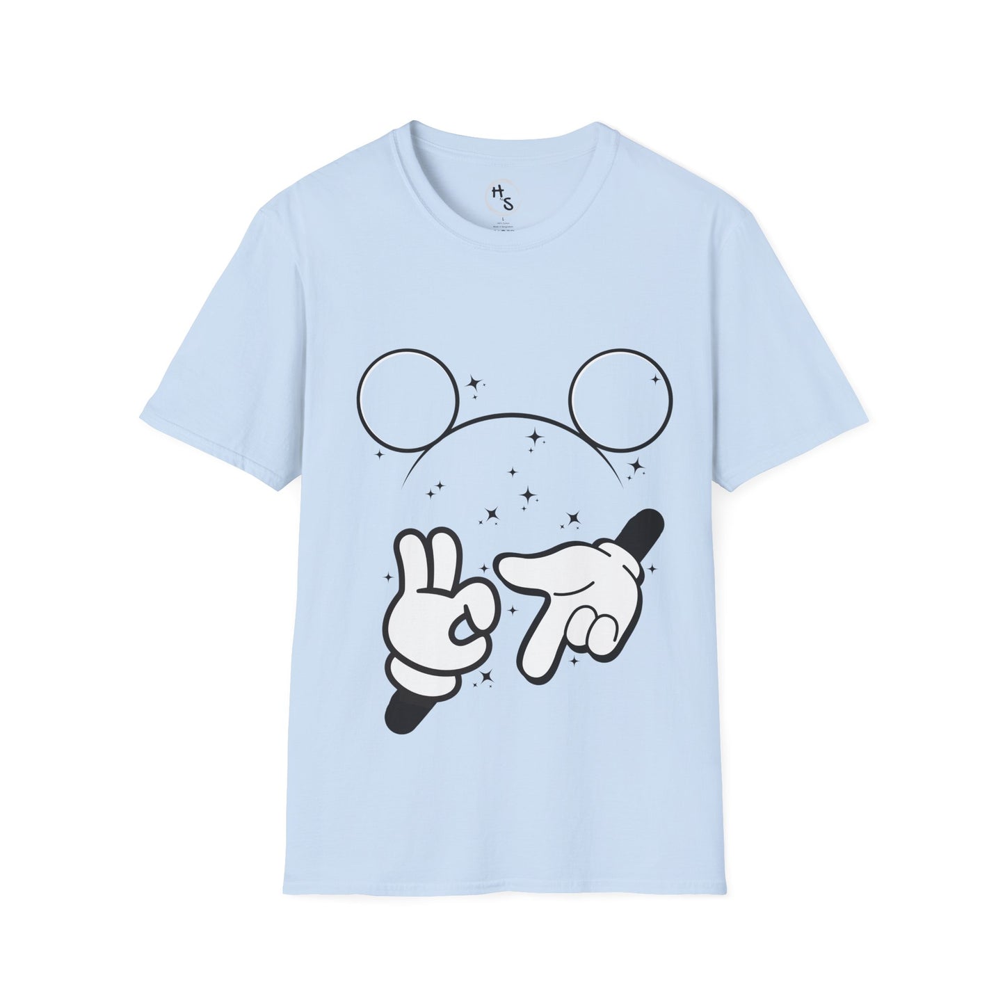 Light blue t-shirt with cartoon mouse ears and 67 hands design on a light blue background