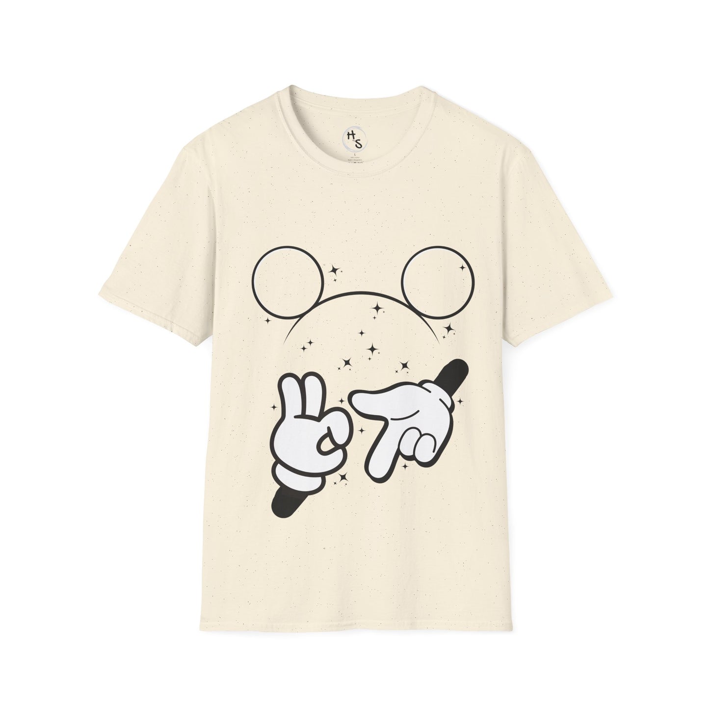 Beige t-shirt with cartoon mouse ears and 67 hands design on a natural background