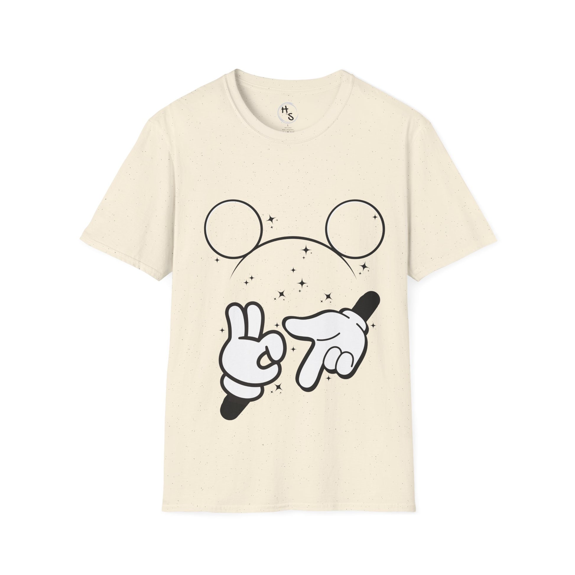 Beige t-shirt with cartoon mouse ears and 67 hands design on a natural background