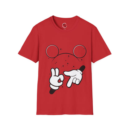 Red t-shirt with cartoon mouse ears and 67 hands design on a red background