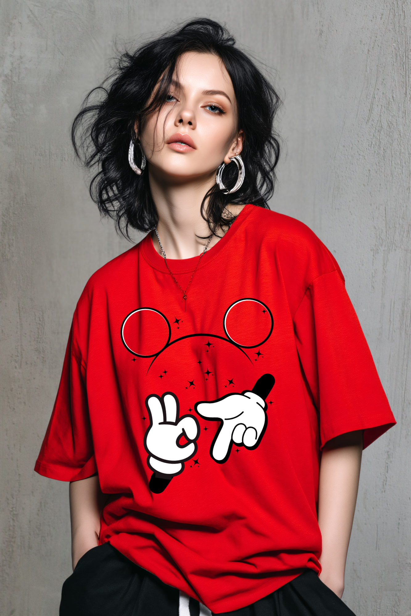 Person wearing a red 67 t-shirt with cartoon design against a red background