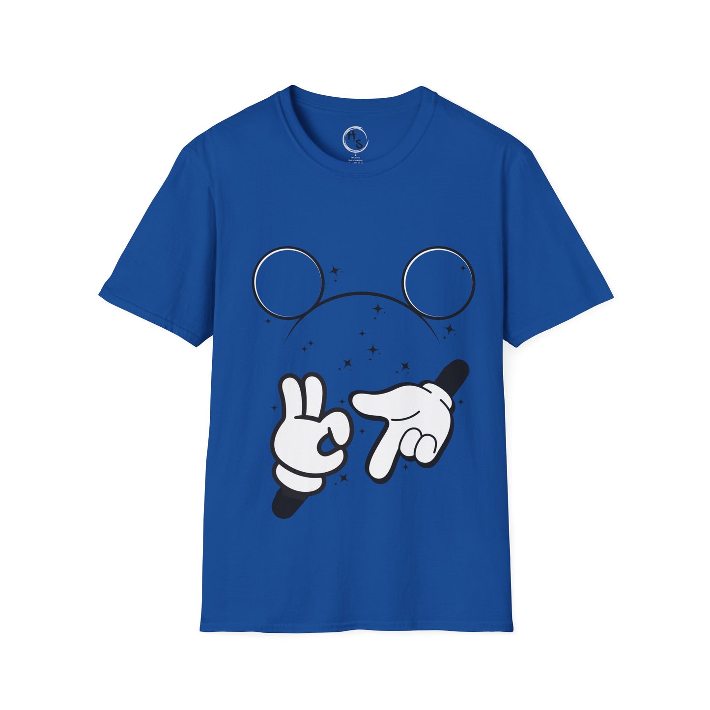 Blue t-shirt with cartoon mouse ears, hands, 67 sign on a blue background