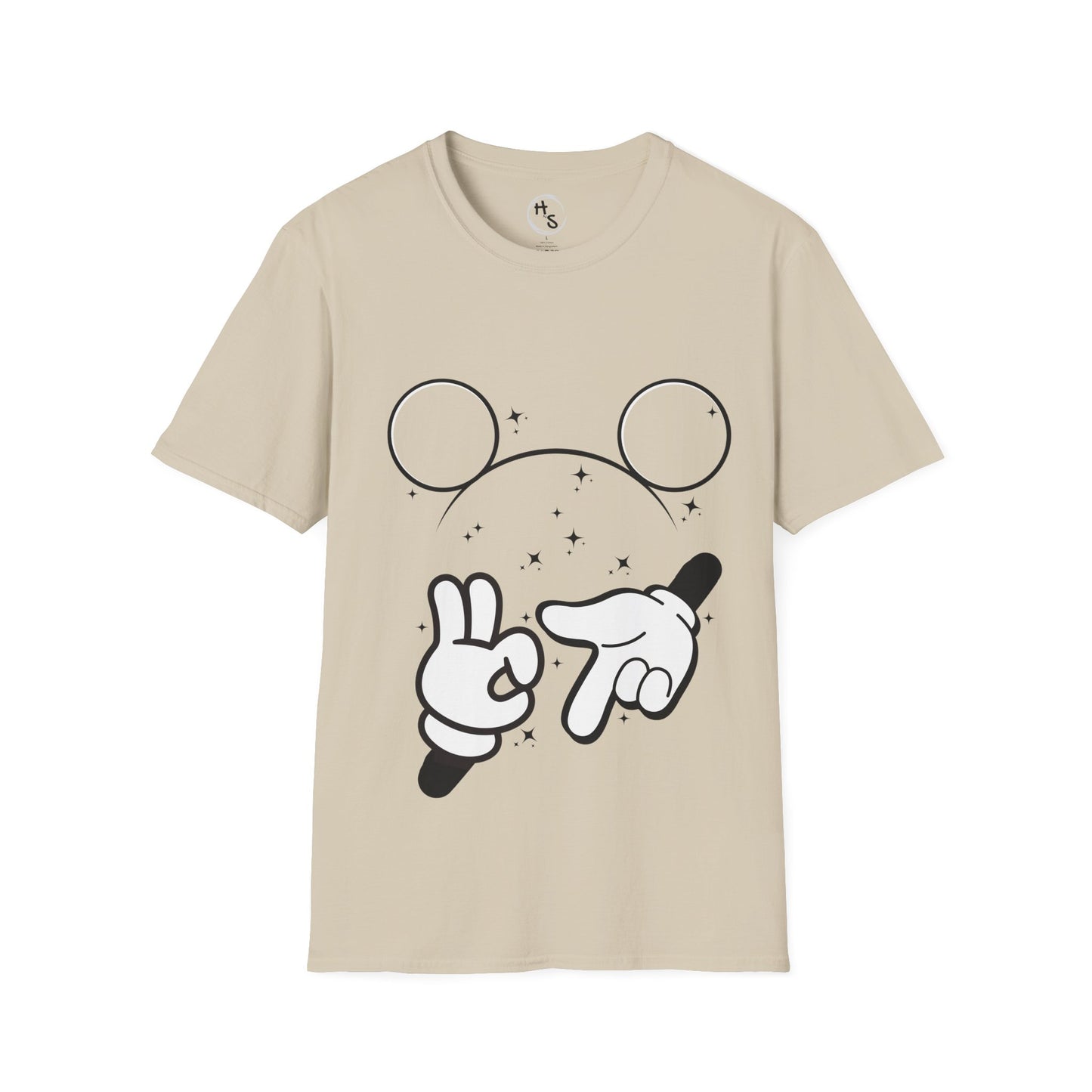 Beige t-shirt with 67 black and white graphic design on a sand background