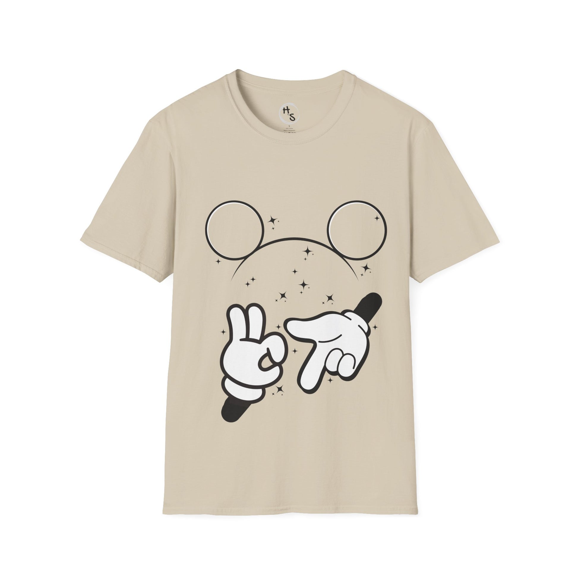 Beige t-shirt with 67 black and white graphic design on a sand background