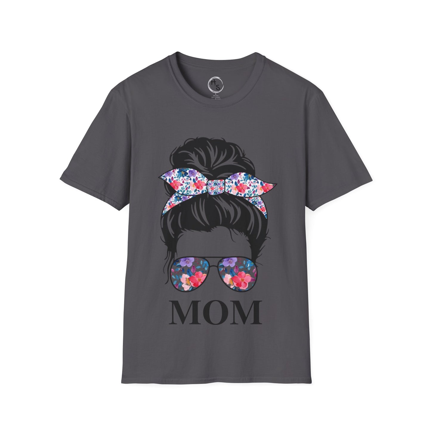 Gray t-shirt with graphic of a woman's head with flowers and 'MOM' text on a white background