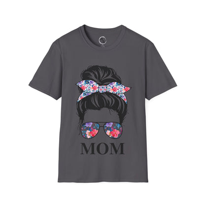 Gray t-shirt with graphic of a woman's head with flowers and 'MOM' text on a white background