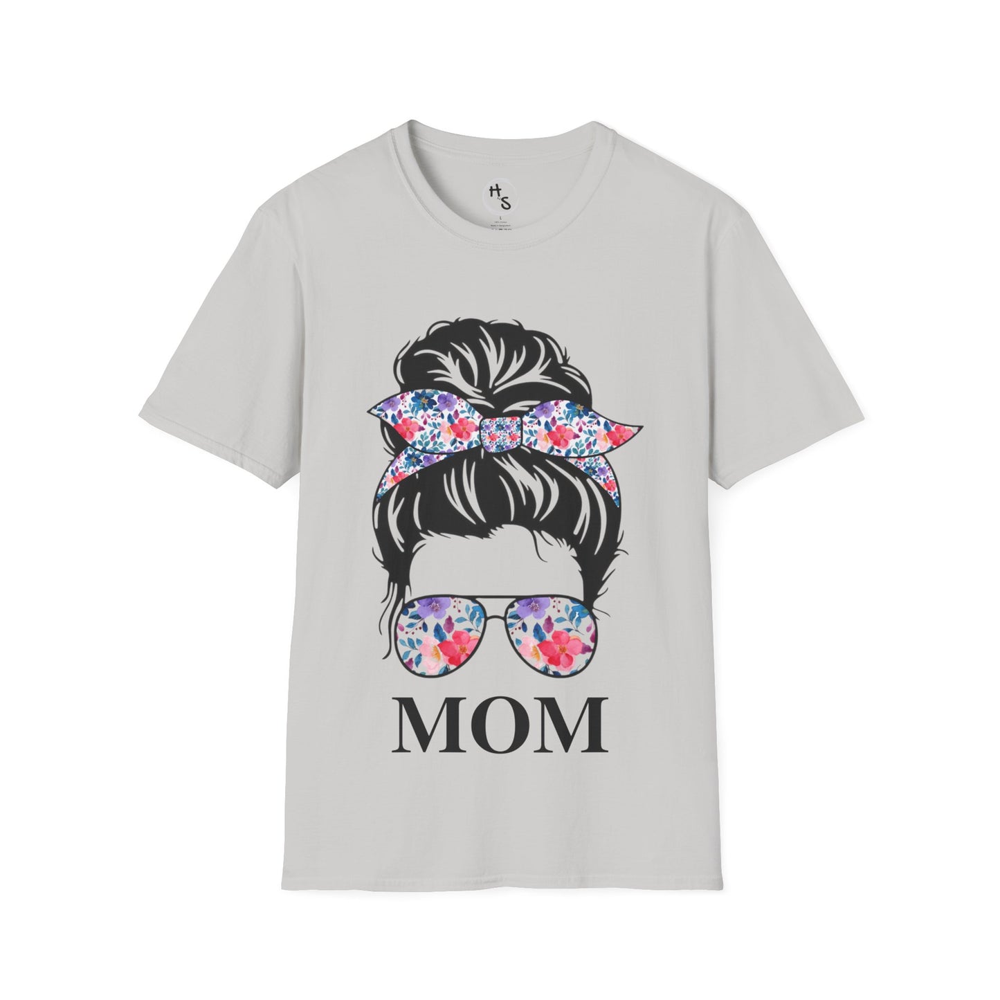 Gray t-shirt with graphic of a woman's head with flowers and sunglasses, and 'MOM' text on a white background.