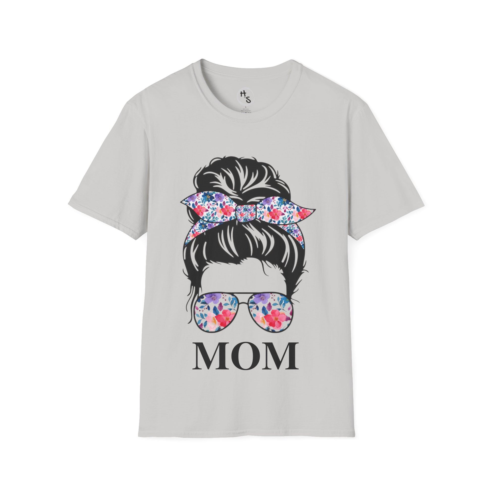 Gray t-shirt with graphic of a woman's head with flowers and sunglasses, and 'MOM' text on a white background.