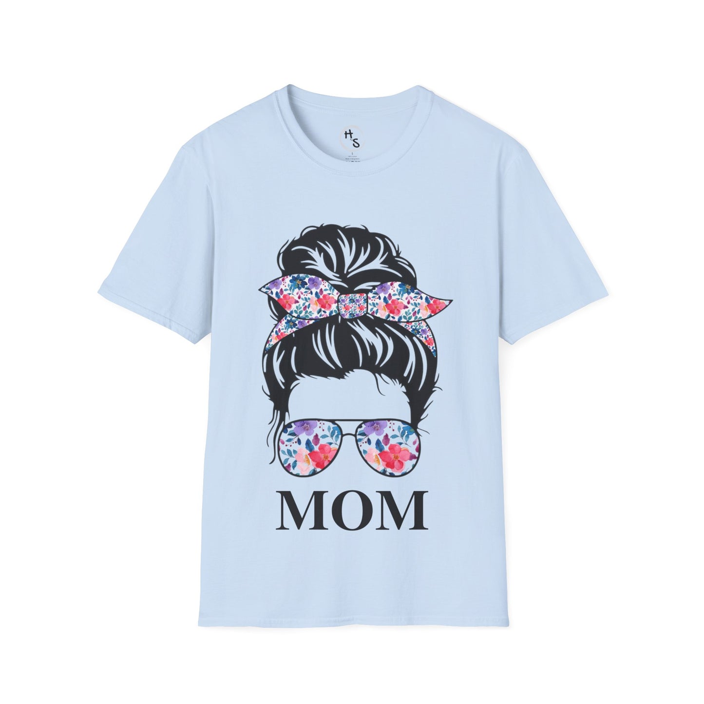 Light blue t-shirt with graphic of a woman's head with flowers and 'MOM' text on a white background