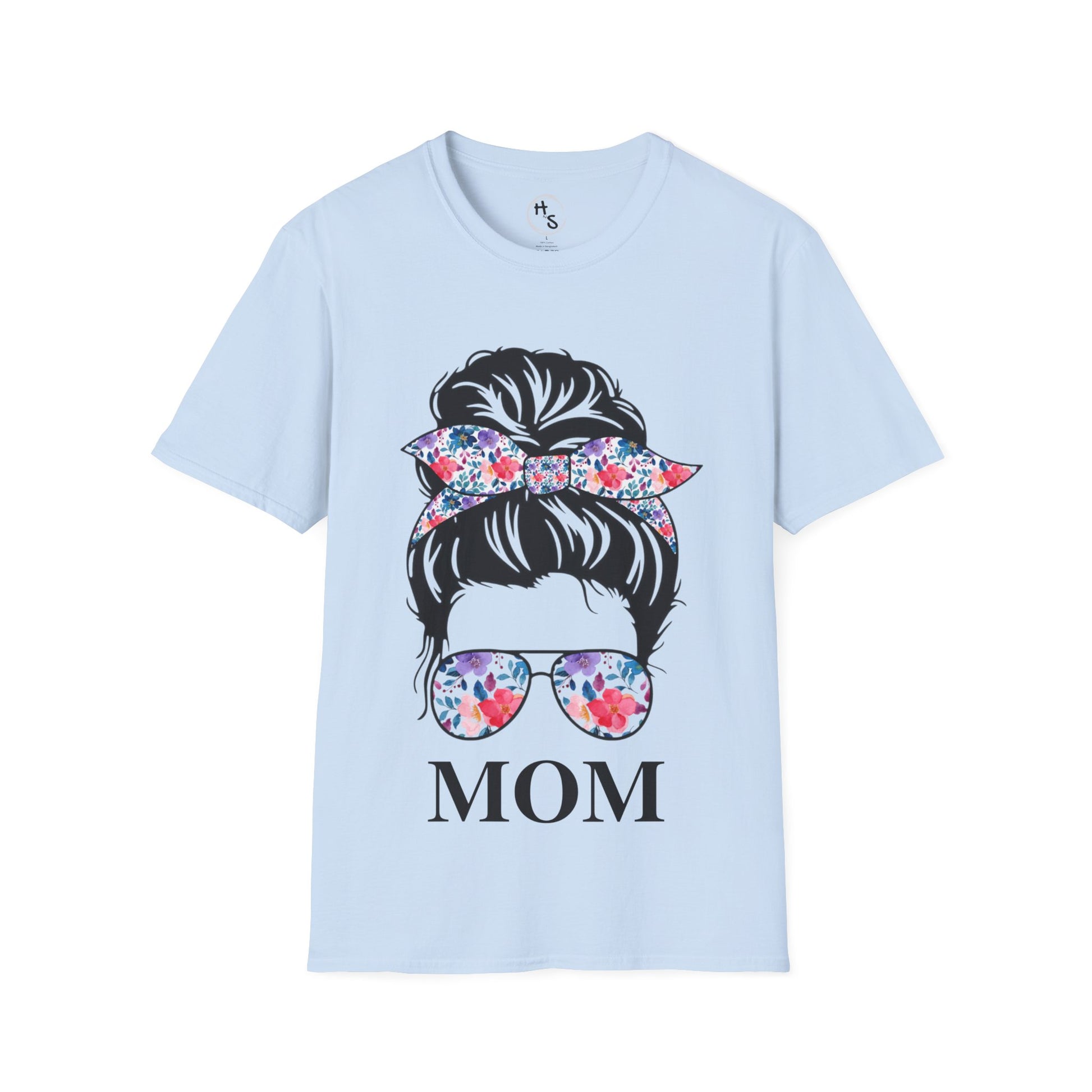 Light blue t-shirt with graphic of a woman's head with flowers and 'MOM' text on a white background