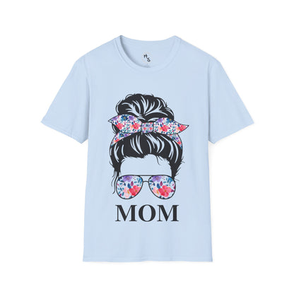 Light blue t-shirt with graphic of a woman's head with flowers and 'MOM' text on a white background