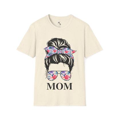 Beige t-shirt with graphic of a woman's head with floral hair bow and sunglasses, and 'MOM' text.
