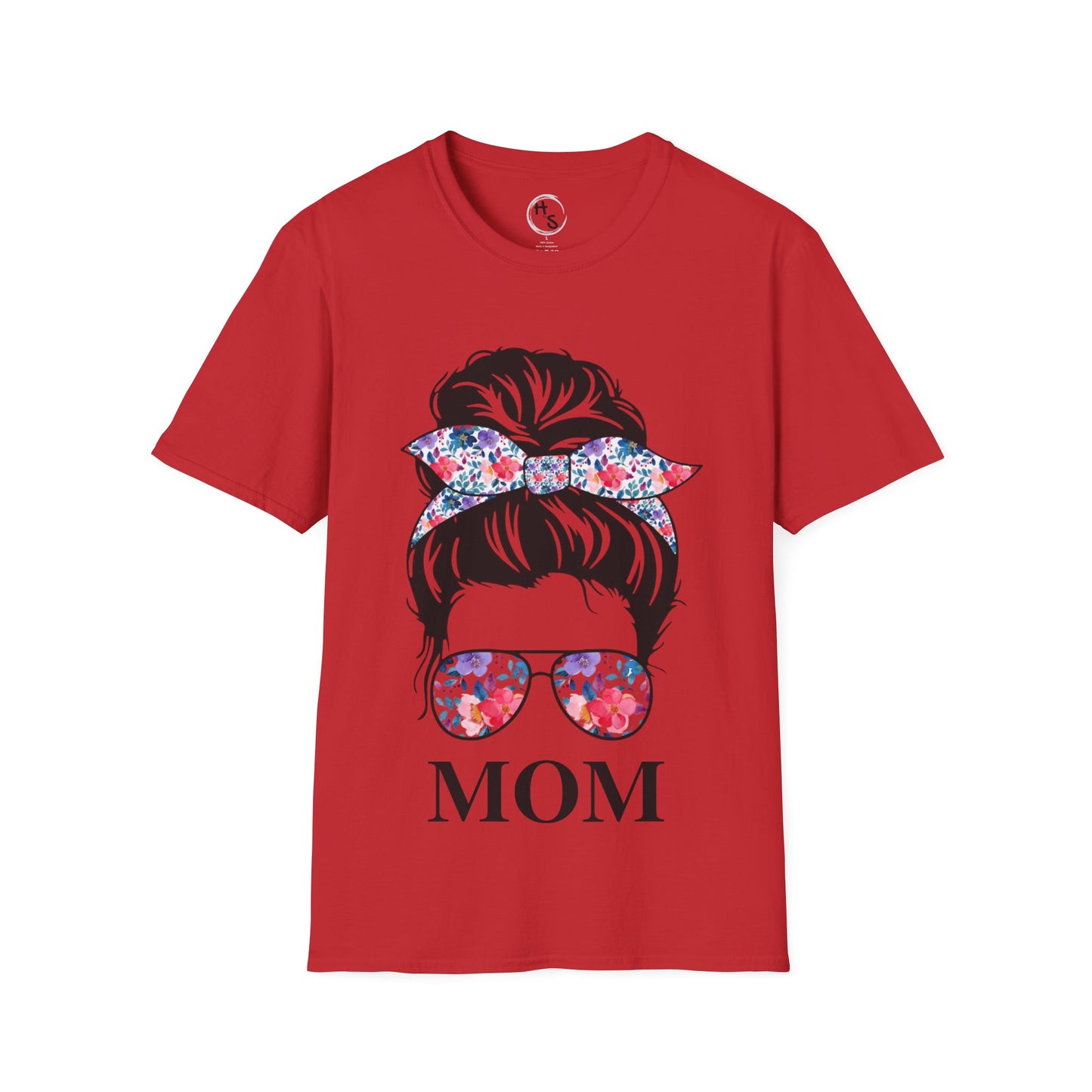 Red t-shirt with a graphic of a woman's head with sunglasses and a floral bow, and the word 'MOM'.