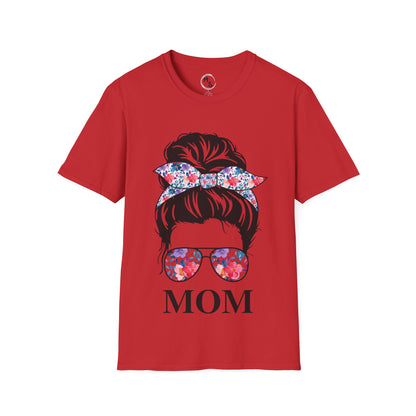 Red t-shirt with a graphic of a woman's head with sunglasses and a floral bow, and the word 'MOM'.