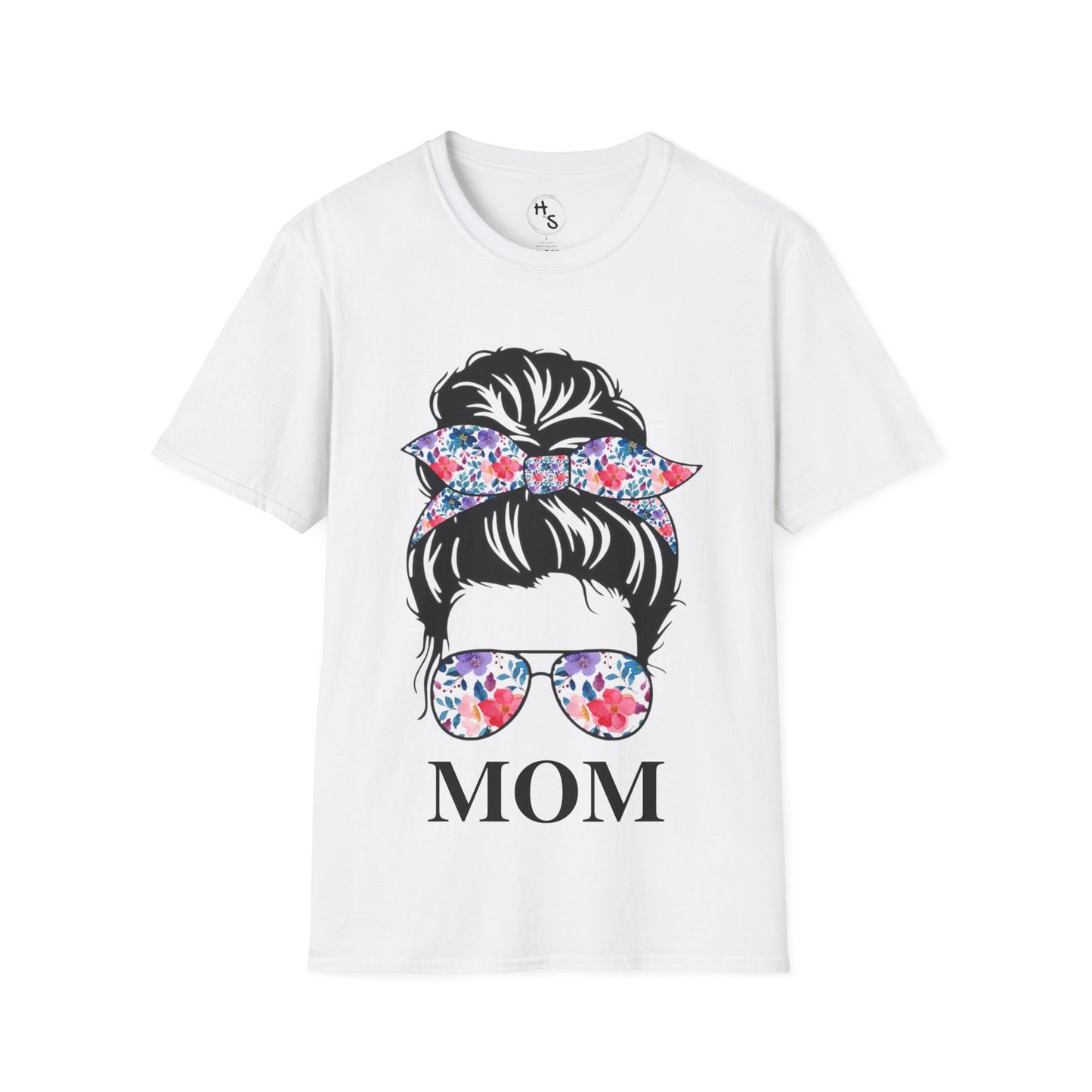 White t-shirt with graphic of a woman's head with a floral bow and sunglasses, and 'MOM' text.