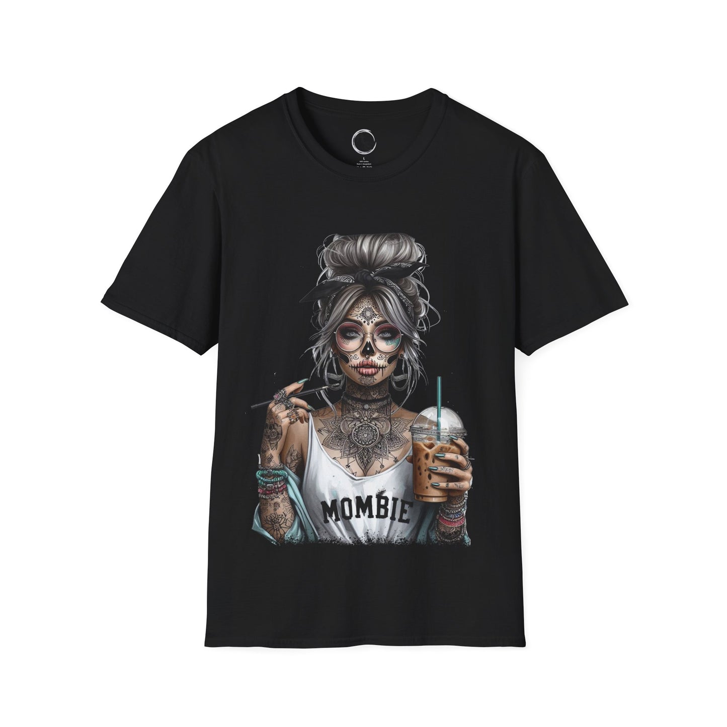 Black t-shirt with a graphic design of a skeleton woman holding drinks on a white background