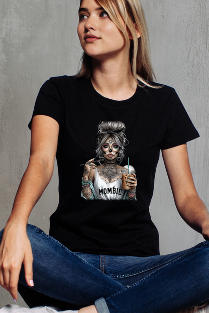 Person wearing a black t-shirt with a graphic design of a woman holding a drink.