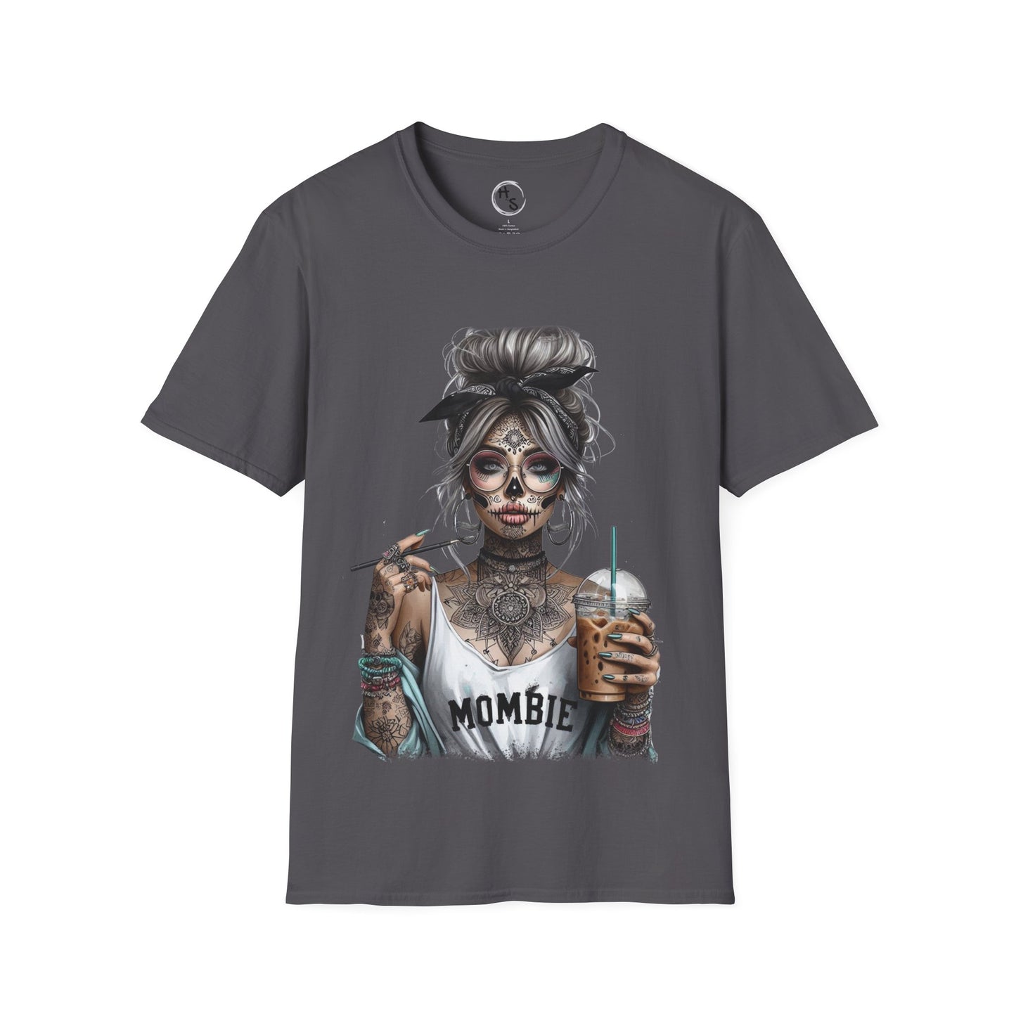 Gray t-shirt with a graphic design of a skeleton holding a drink on a white background