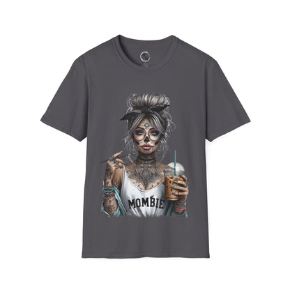 Gray t-shirt with a graphic design of a skeleton holding a drink on a white background
