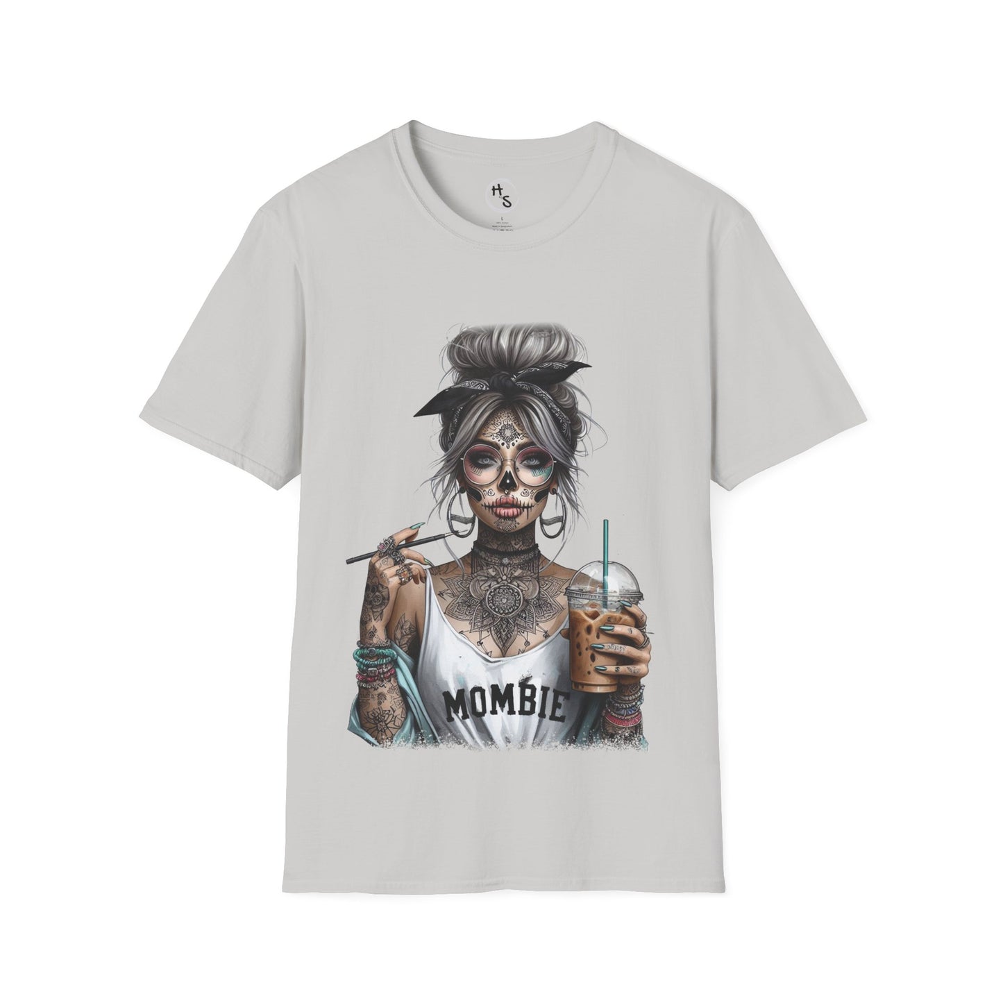 T-shirt with a graphic design of a skeleton woman holding a drink on a white background