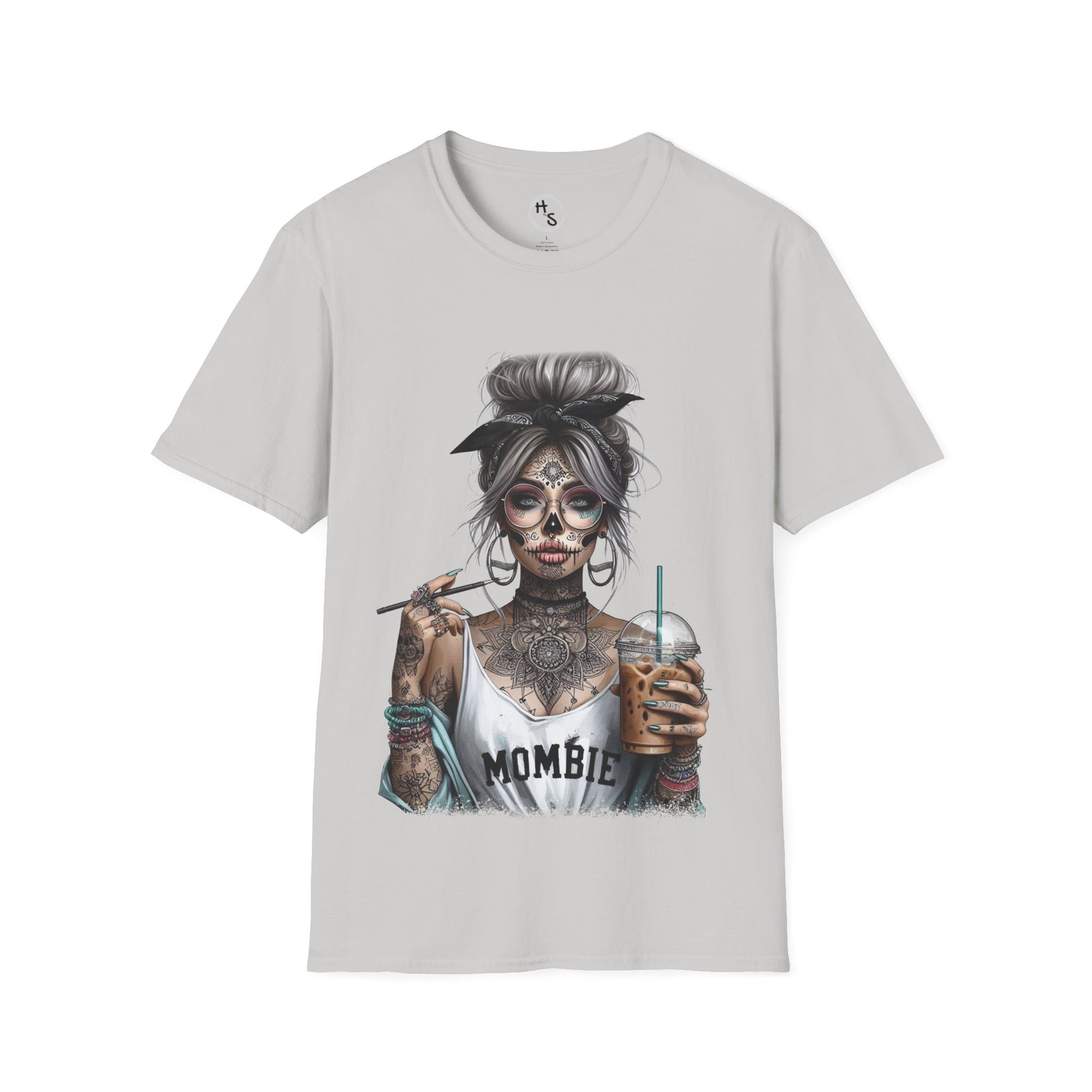 T-shirt with a graphic design of a skeleton woman holding a drink on a white background