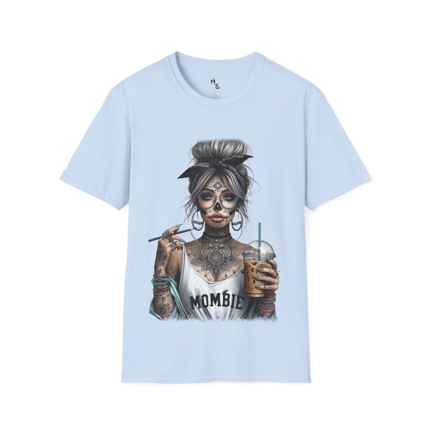 Light blue t-shirt with a graphic design of a skeleton woman holding a drink on a white background