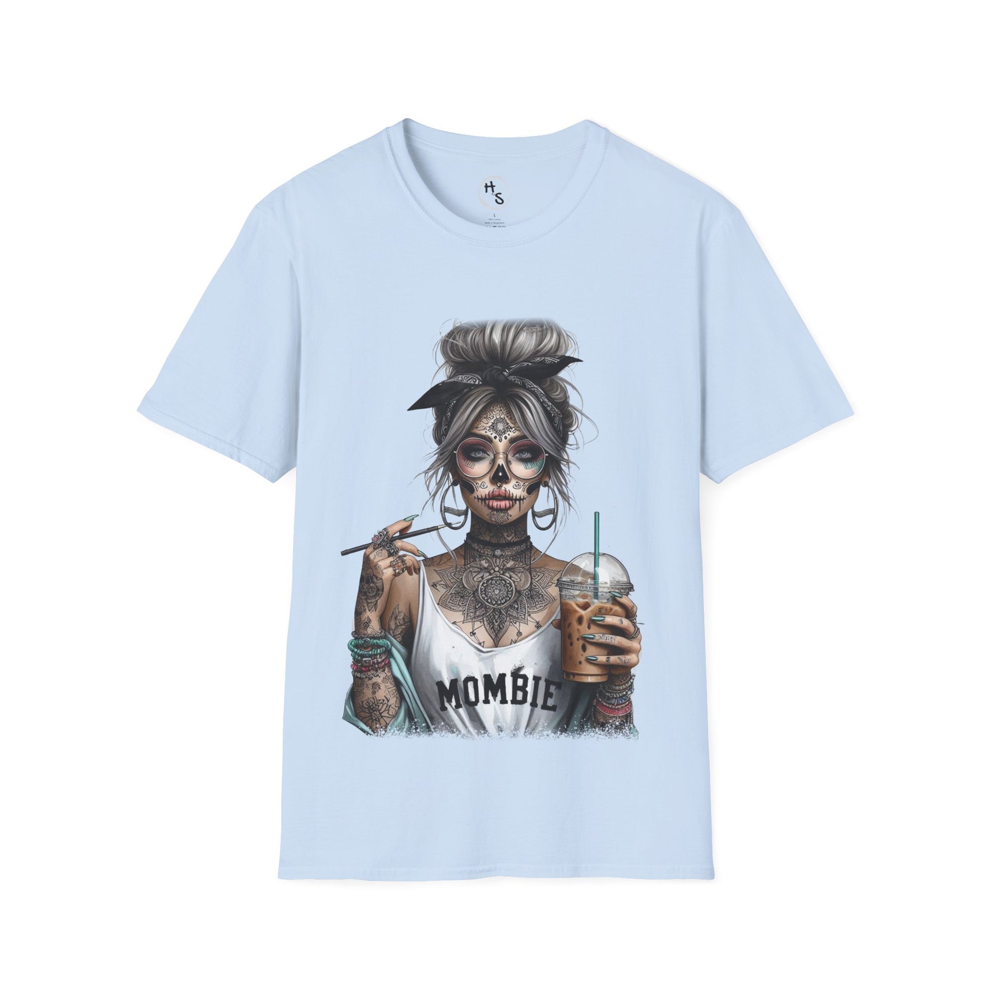 Light blue t-shirt with a graphic design of a skeleton woman holding a drink on a white background