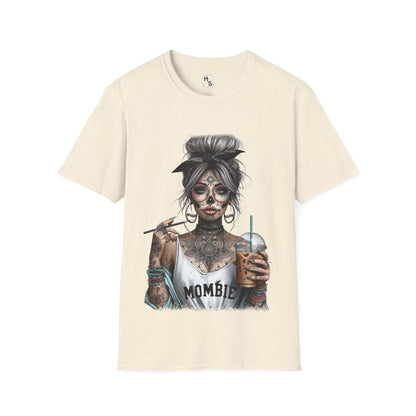 Beige t-shirt with a graphic design of a skeleton holding a drink on a white background