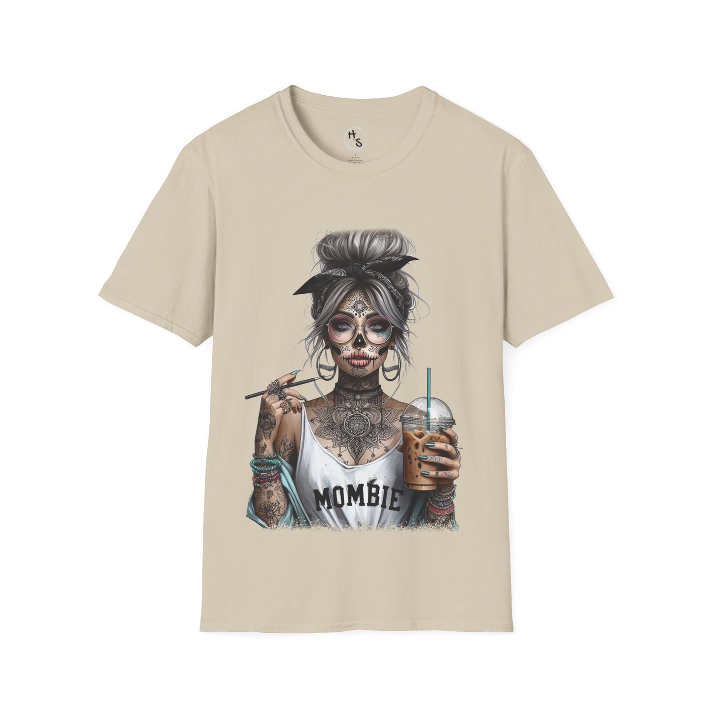 Beige t-shirt with a graphic of a skeleton woman holding a drink on a white background