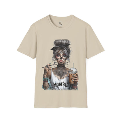 Beige t-shirt with a graphic of a skeleton woman holding a drink on a white background