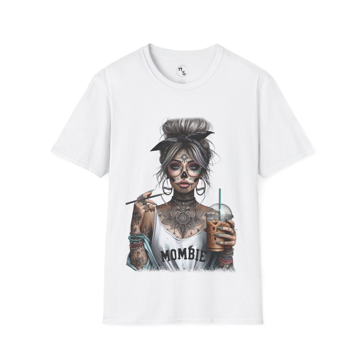 White t-shirt with a graphic design of a skeleton holding a drink on a white background