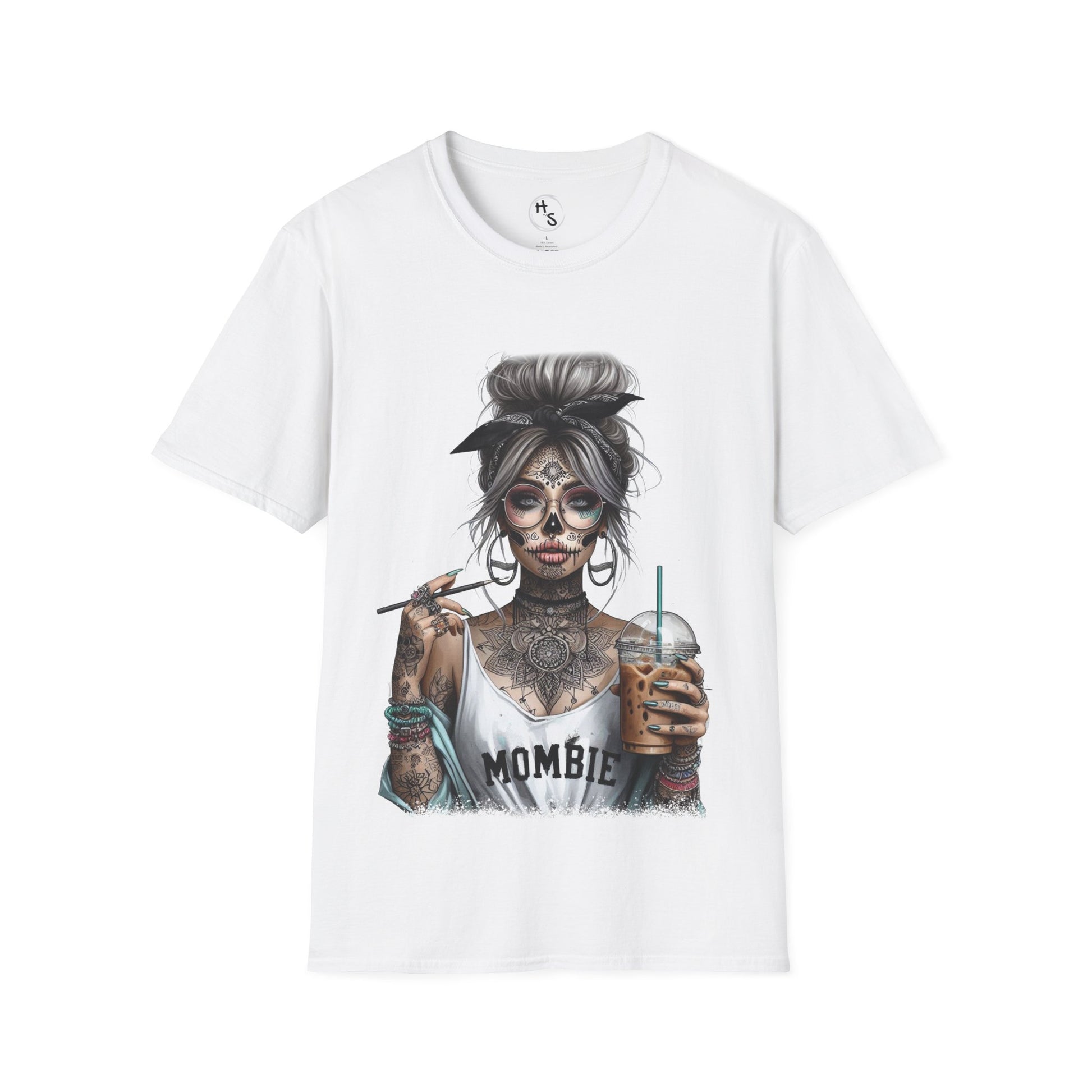 White t-shirt with a graphic design of a skeleton holding a drink on a white background