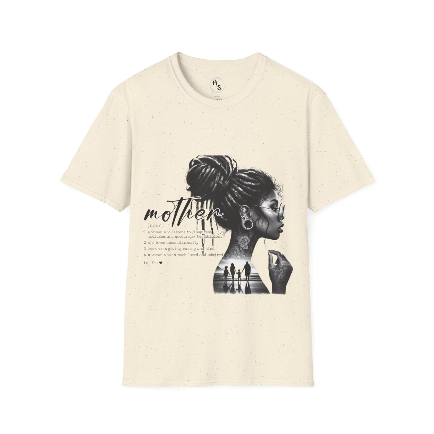 Beige t-shirt with a graphic of a woman and the word 'mother' on a beige background