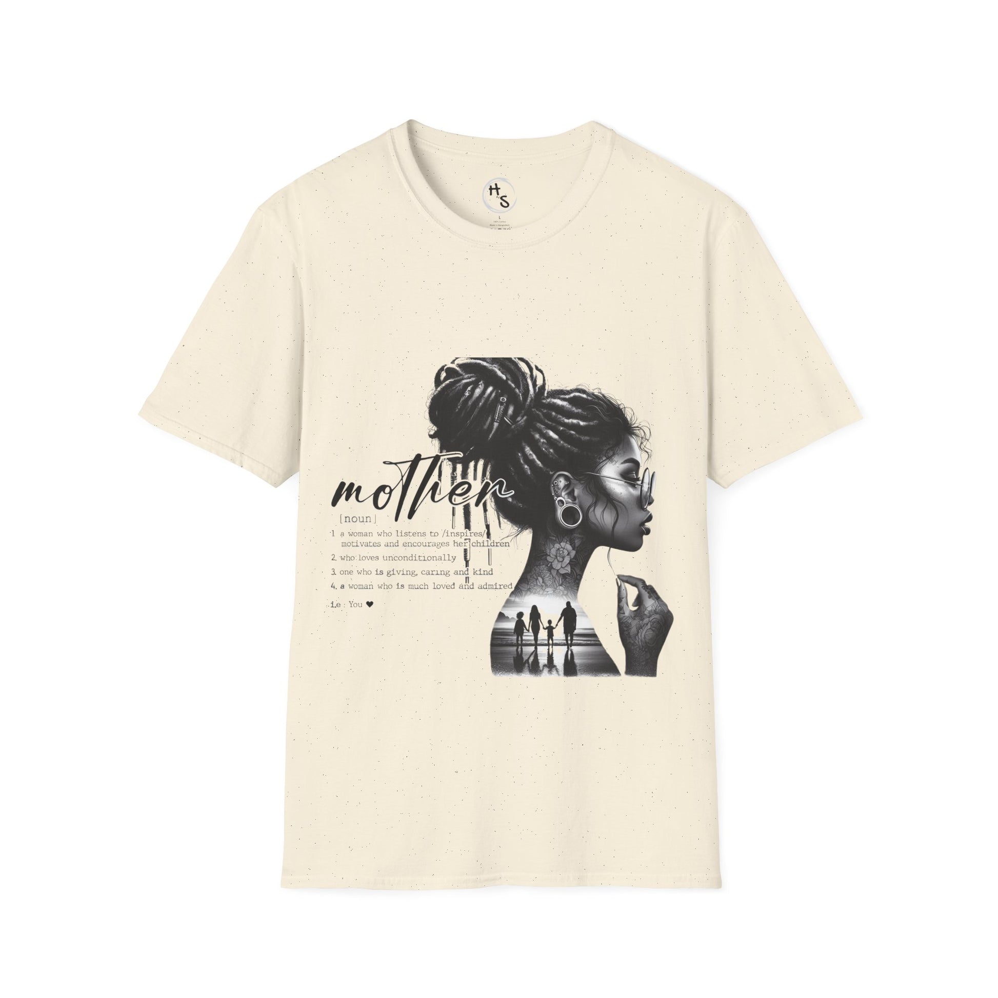 Beige t-shirt with a graphic of a woman and the word 'mother' on a beige background