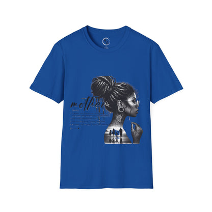 Blue t-shirt with a graphic of a woman and text on a blue background