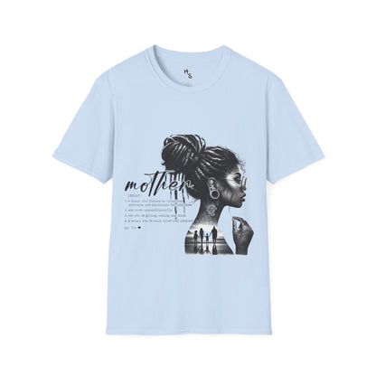 Light blue t-shirt with a graphic of a woman and text on a light blue background