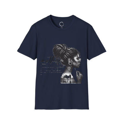 Navy blue t-shirt with a graphic design of a woman with braided hair on a navy background